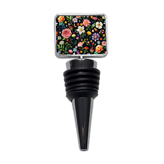 Flowers Black Background Watercolor Wine Bottle Stopper