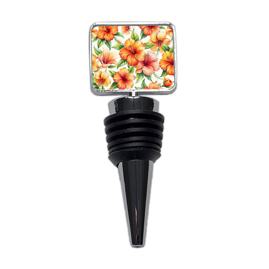 Orange Hibiscus Flowers Watercolor Wine Bottle Stopper