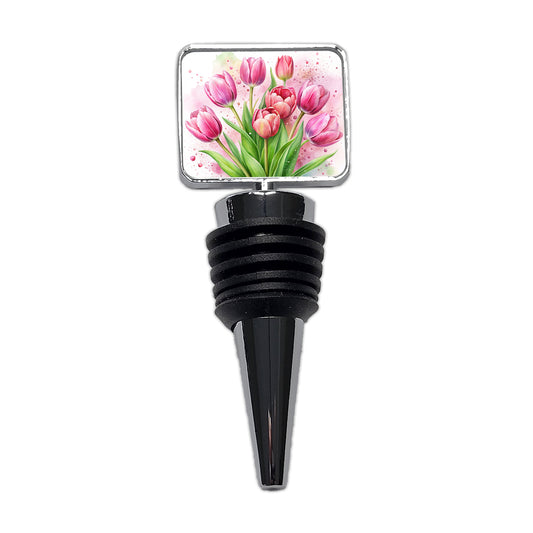 Pink Tulips Flowers Watercolor Wine Bottle Stopper