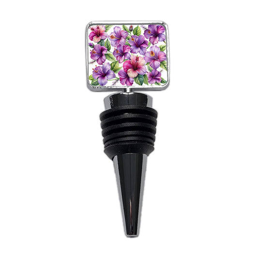Purple Hibiscus Flowers Watercolor Wine Bottle Stopper
