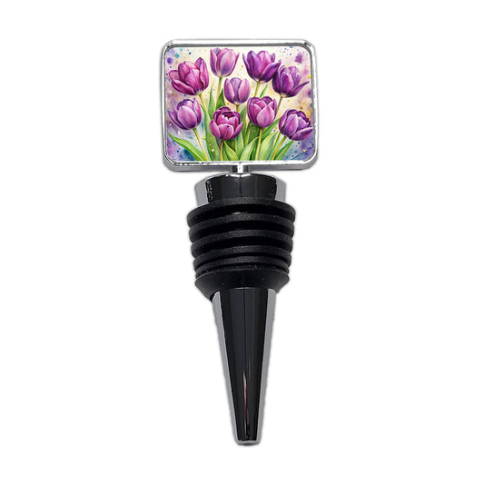 Purple Tulips Flowers Watercolor Wine Bottle Stopper
