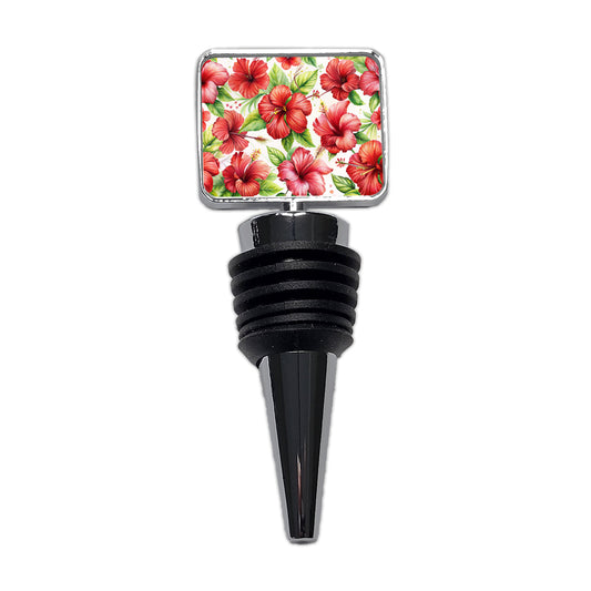 Red Hibiscus Flowers Watercolor Wine Bottle Stopper