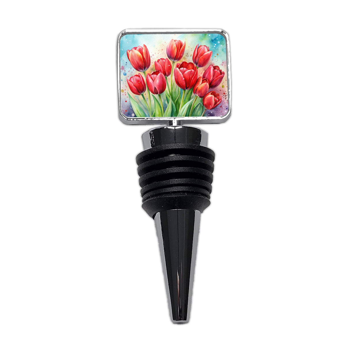 Red Tulips Flowers Watercolor Wine Bottle Stopper
