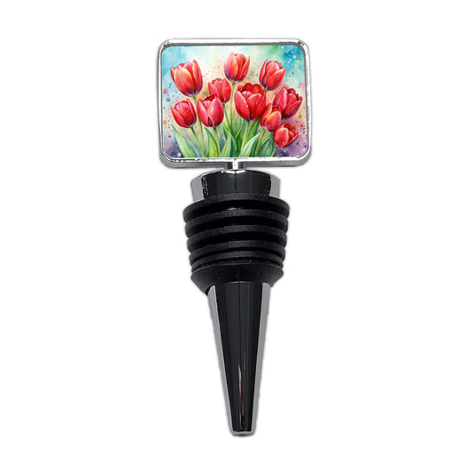 Red Tulips Flowers Watercolor Wine Bottle Stopper
