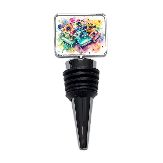 Retro Instant Cameras Photographer Watercolor Wine Bottle Stopper
