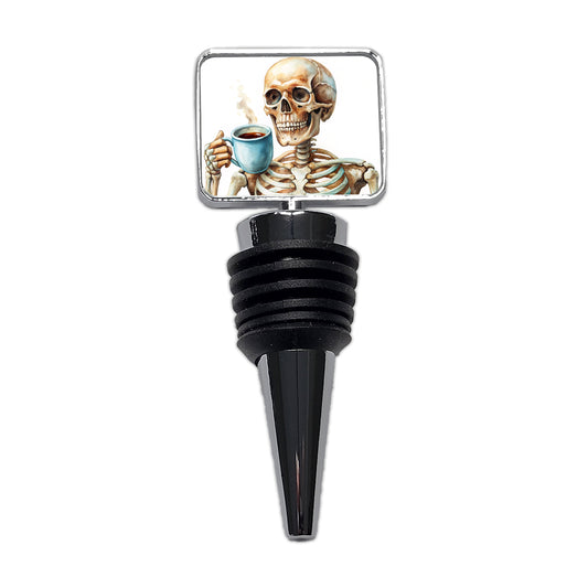 Skeleton Drinking Coffee Watercolor Wine Bottle Stopper