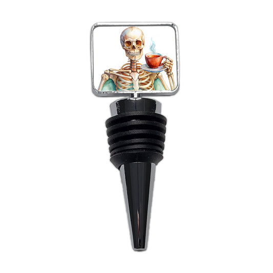 Skeleton Drinking Tea Watercolor Wine Bottle Stopper