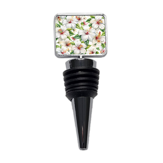 White Hibiscus Flowers Watercolor Wine Bottle Stopper