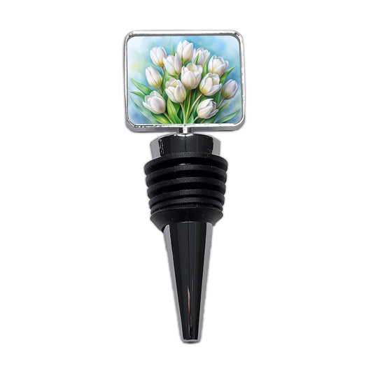 White Tulips Flowers Watercolor Wine Bottle Stopper