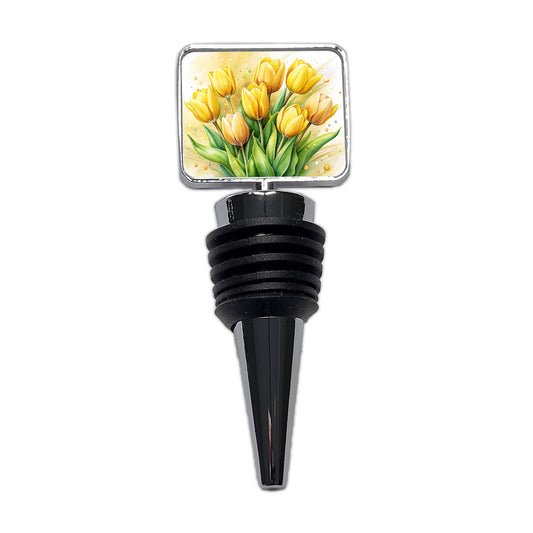 Yellow Tulips Flowers Watercolor Wine Bottle Stopper