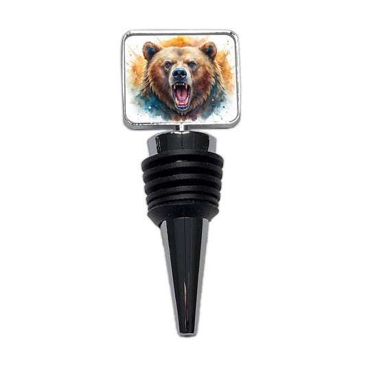 Angry Mad Grizzly Bear Watercolor Wine Bottle Stopper