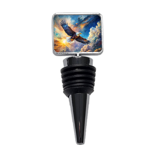 Bald Eagle Flying In Sky Clouds Watercolor Wine Bottle Stopper