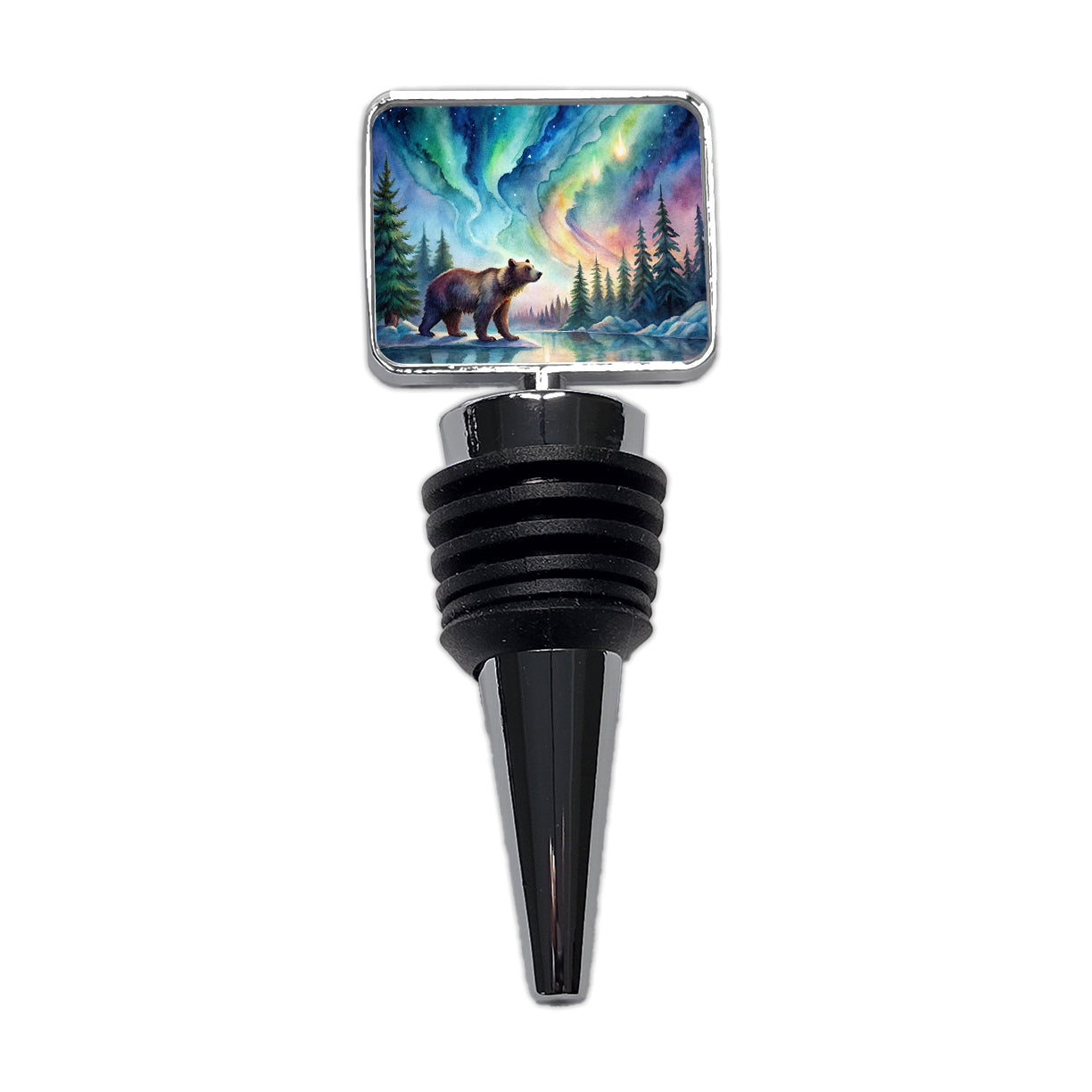 Bear And Northern Lights Watercolor Wine Bottle Stopper
