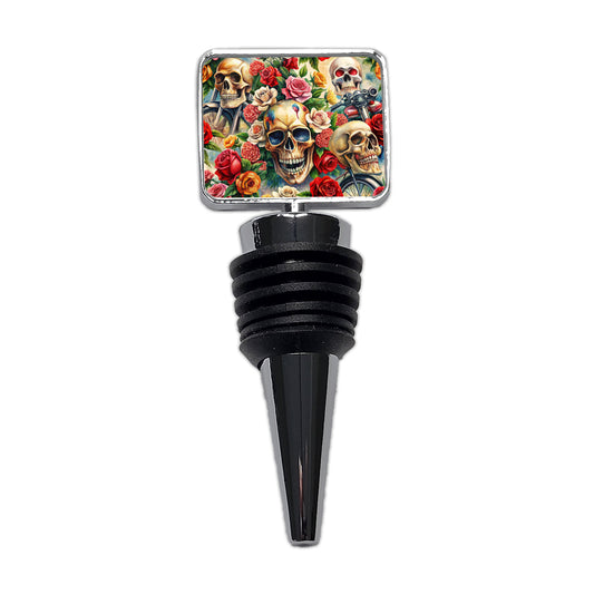 Biker Skulls And Roses Theme Watercolor Wine Bottle Stopper