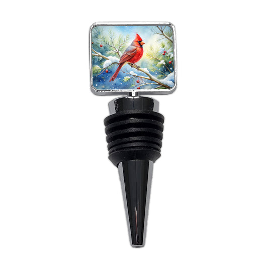 Cardinal In Snowy Tree Winter Watercolor Christmas Wine Bottle Stopper