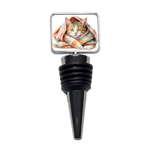 Cat Snuggling In Blanket Watercolor Wine Bottle Stopper
