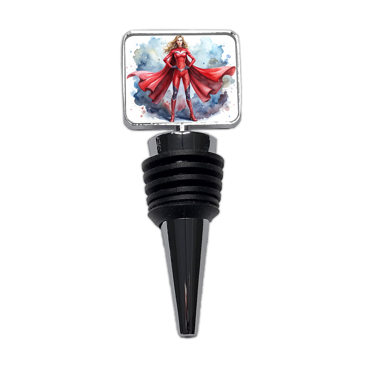 Classic Female Superhero With Red Costume Watercolor Wine Bottle Stopper