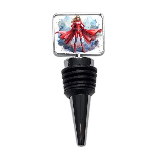 Classic Female Superhero With Red Costume Watercolor Wine Bottle Stopper