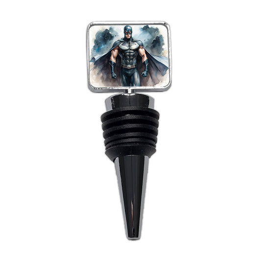 Classic Masked Superhero With Black Costume Watercolor Wine Bottle Stopper