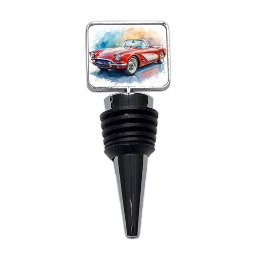 Classic Vintage Red White Sports Car Watercolor Wine Bottle Stopper