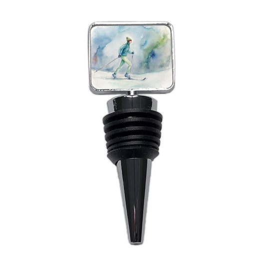 Cross Country Skiing Watercolor Wine Bottle Stopper