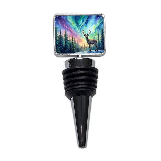 Deer And Northern Lights Watercolor Wine Bottle Stopper