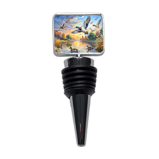 Ducks Flying At Sunrise Hunting Watercolor Wine Bottle Stopper