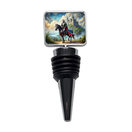 Fantasy Black Knight Astride Horse Outside Castle Watercolor Wine Bottle Stopper