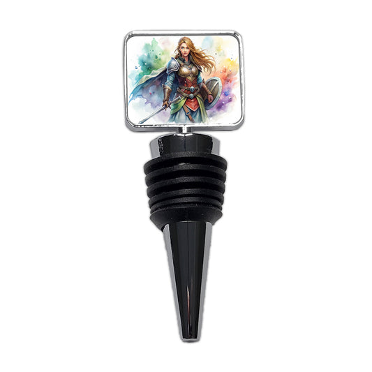 Fantasy Female Fighter Sword Shield-maiden Watercolor Wine Bottle Stopper