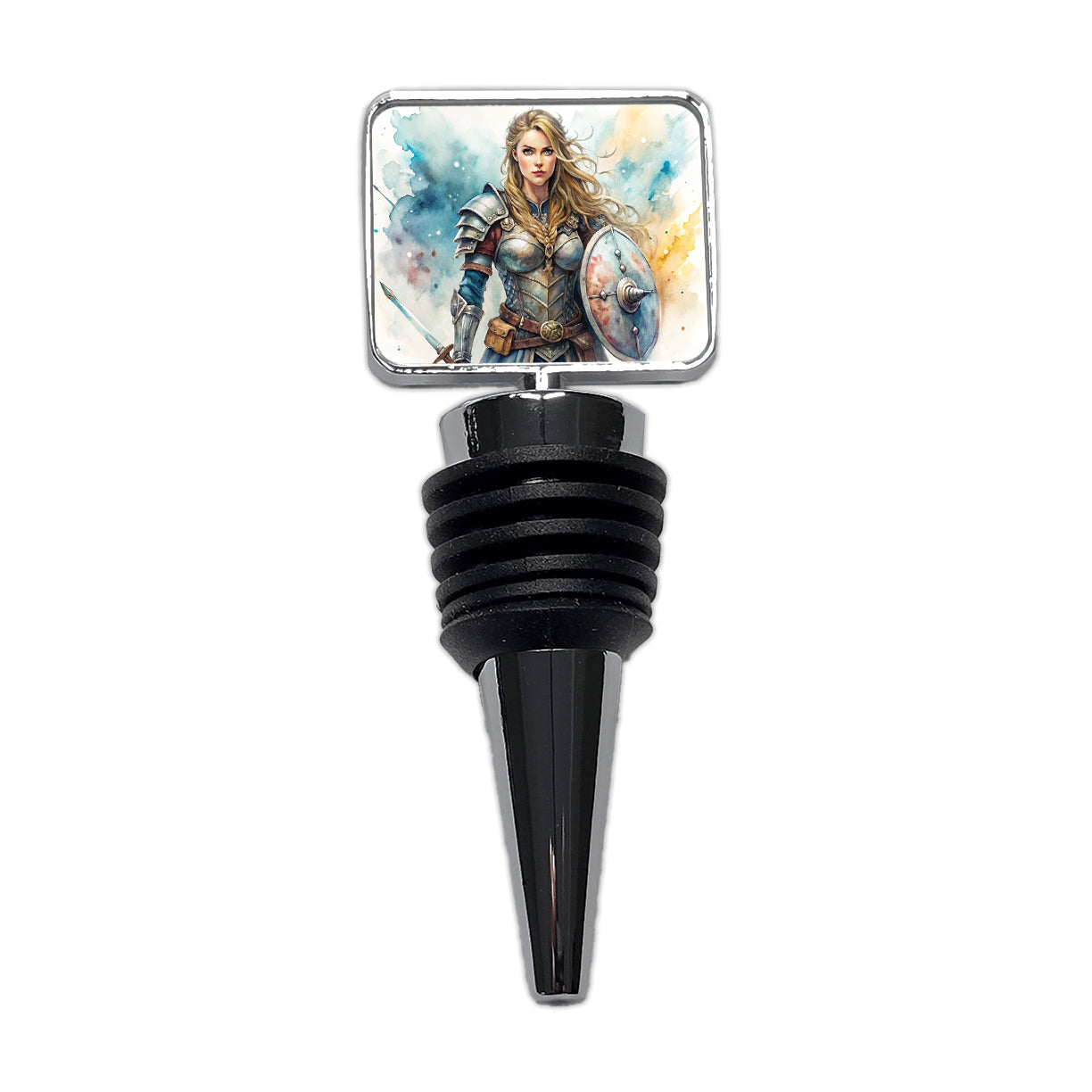 Fantasy Female Warrior Knight Watercolor Wine Bottle Stopper