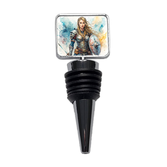 Fantasy Female Warrior Knight Watercolor Wine Bottle Stopper