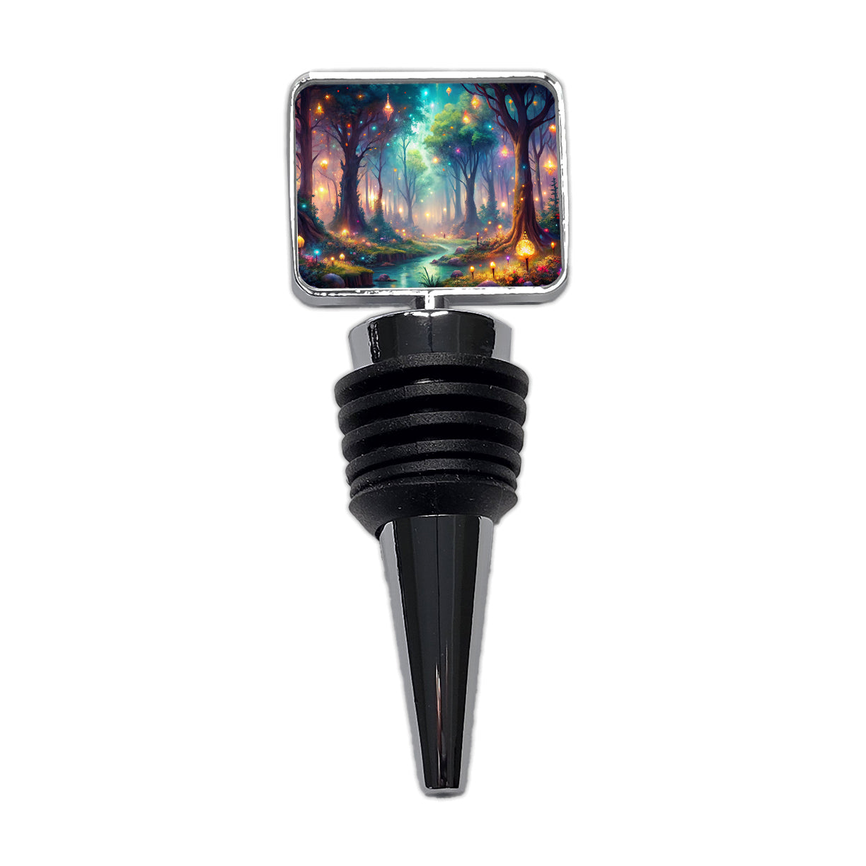 Fantasy Forest With Glowing Sprites Fae Spirits Watercolor Wine Bottle Stopper