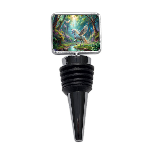 Fantasy Forest With Pegasus Winged-stallion Watercolor Wine Bottle Stopper