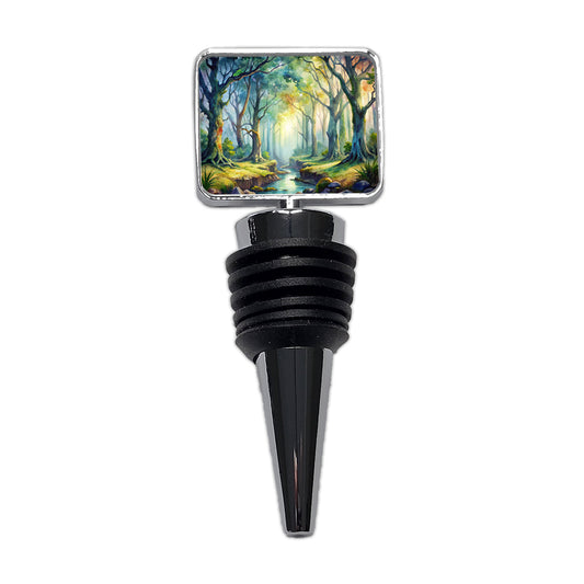 Fantasy Misty Forest Stream And Trees Watercolor Wine Bottle Stopper