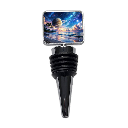 Fantasy Sci-fi World Saturn Rising Over Beach Wine Bottle Stopper