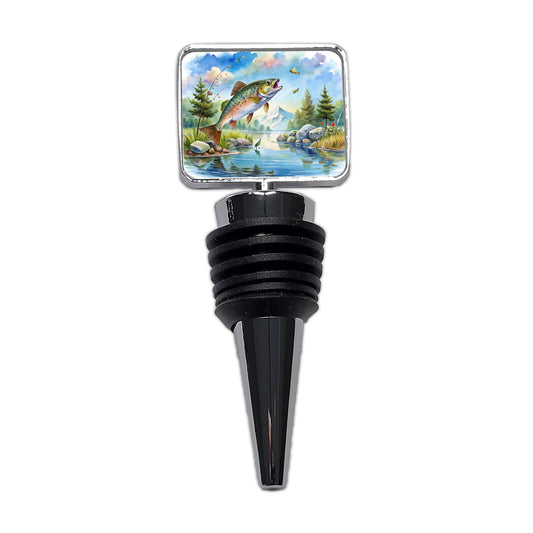 Fish Jumping Stream Lake Fishing Watercolor Wine Bottle Stopper