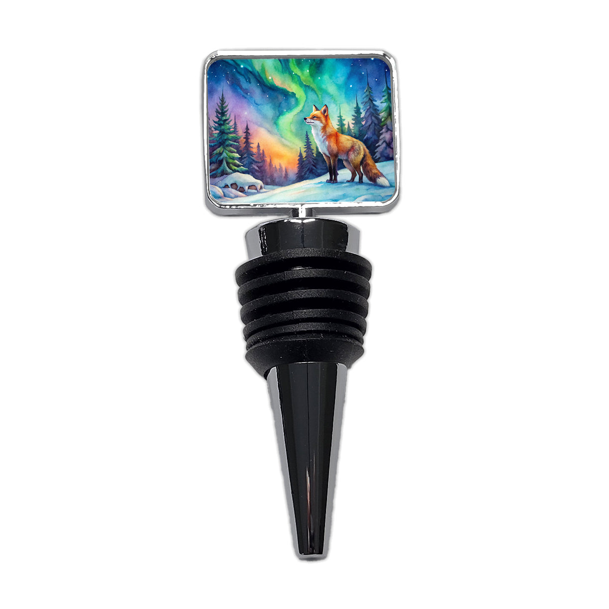 Fox And Northern Lights Watercolor Wine Bottle Stopper