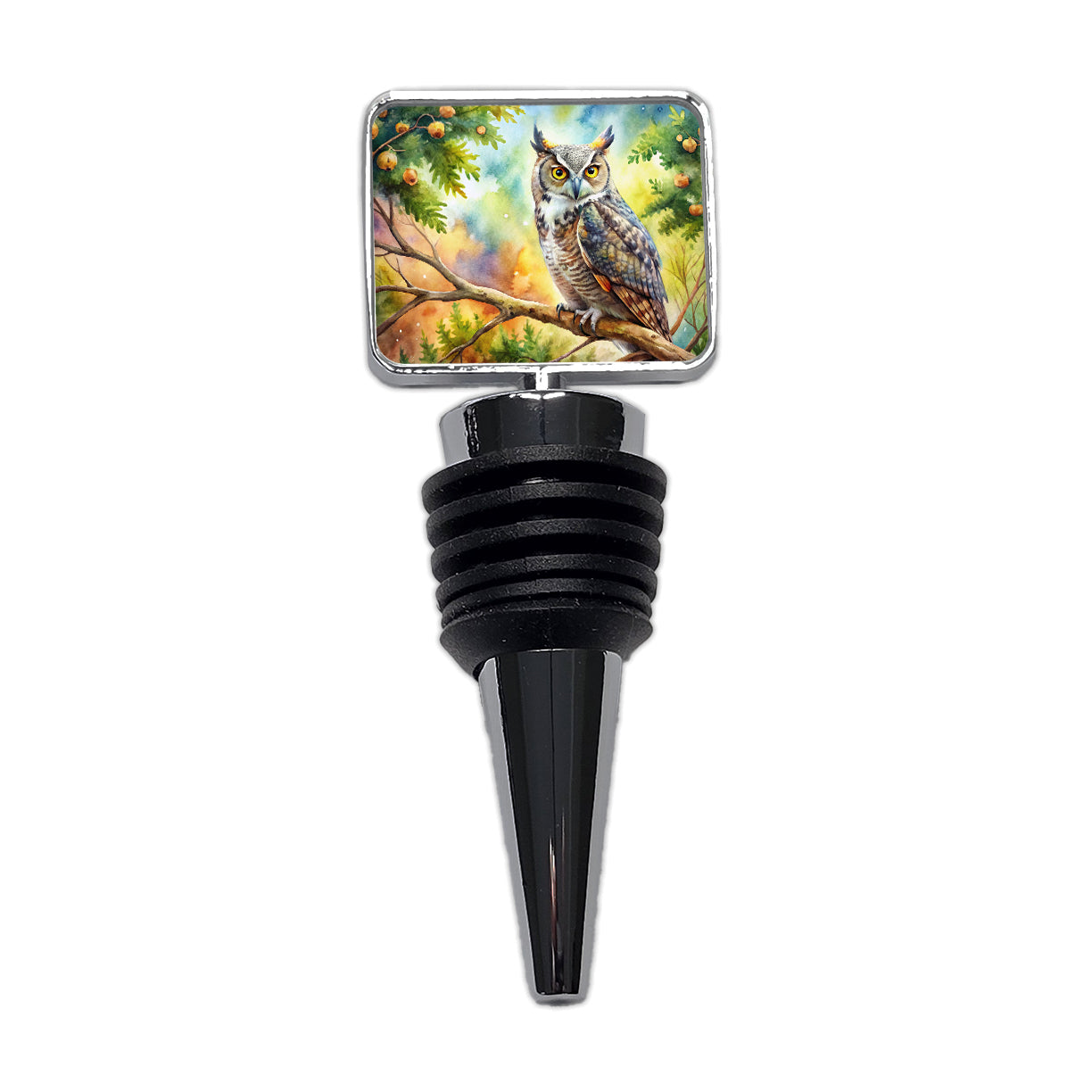 Great Horned Owl In Tree Watercolor Wine Bottle Stopper