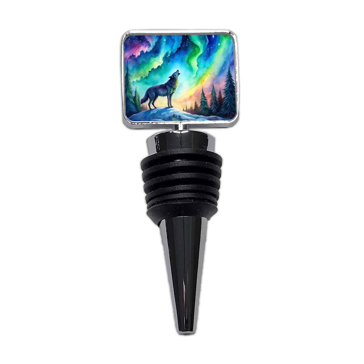 Howling Wolf And Northern Lights Watercolor Wine Bottle Stopper