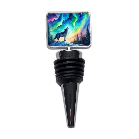 Howling Wolf And Northern Lights Watercolor Wine Bottle Stopper