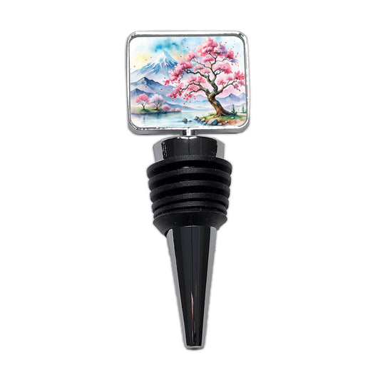 Japanese Cherry Blossom Tree Scene Watercolor Wine Bottle Stopper