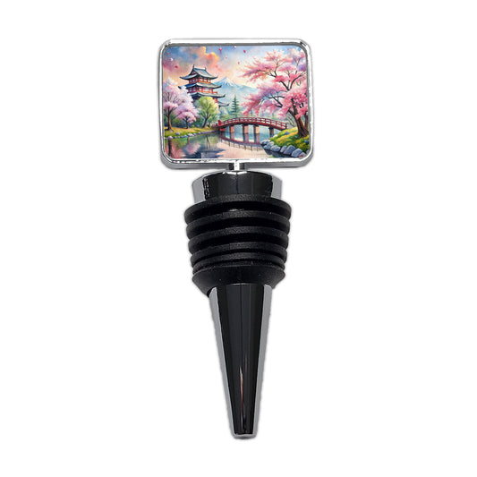 Japanese Scene With Bridge And Cherry Blossom Trees Watercolor Wine Bottle Stopper