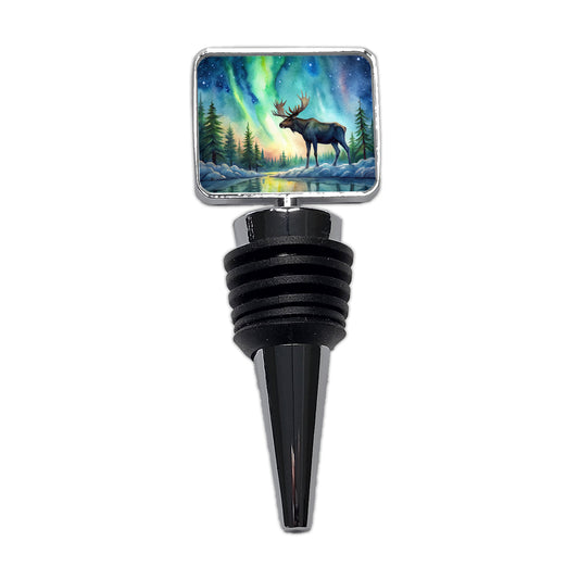 Moose And Northern Lights Watercolor Wine Bottle Stopper