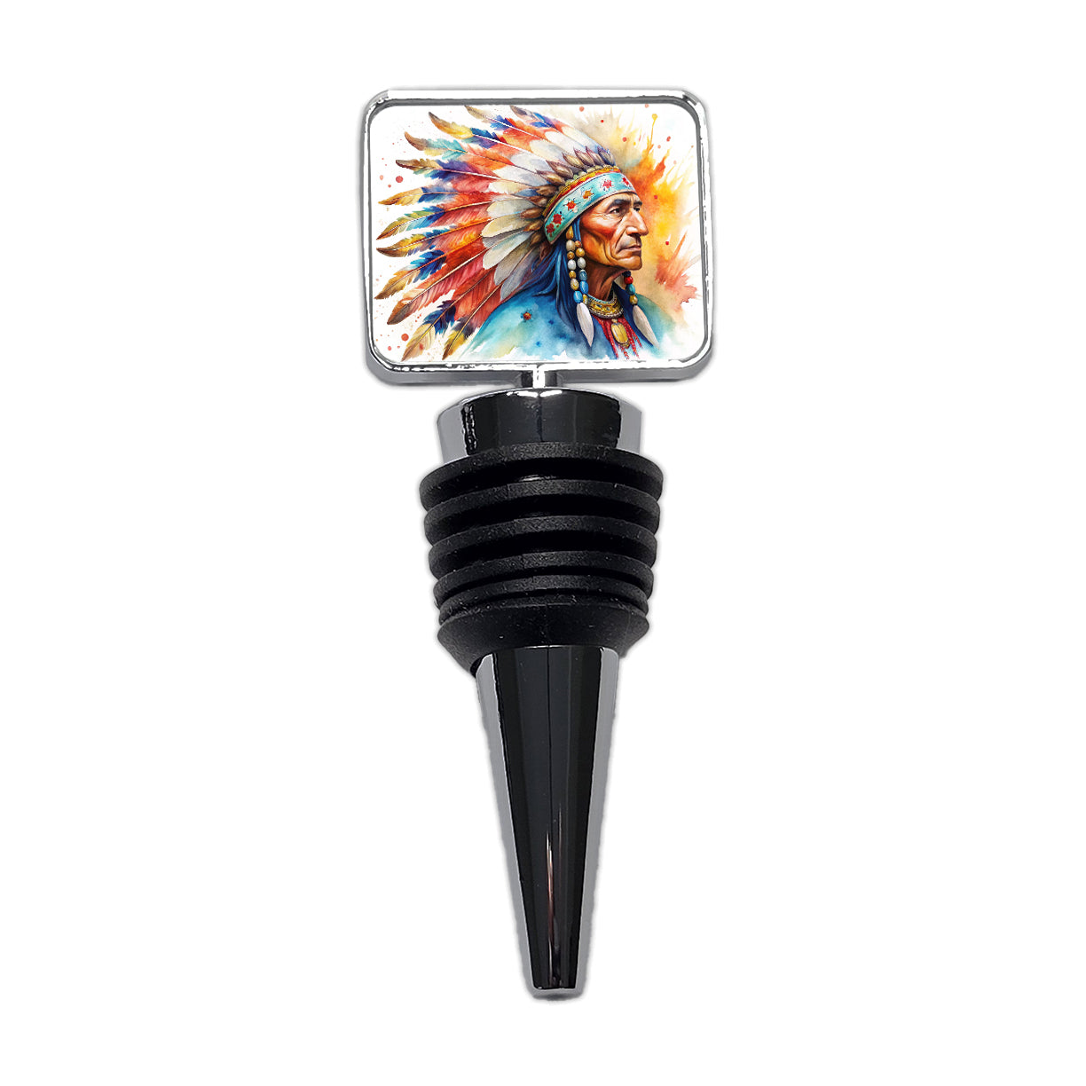 Native American Indian Chief Feather Headdress Watercolor Wine Bottle Stopper