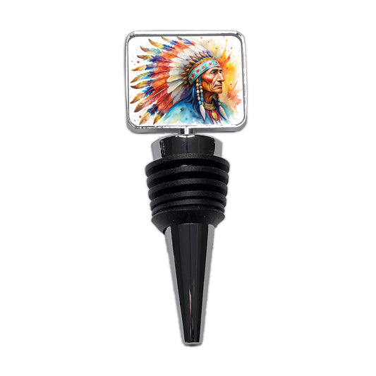 Native American Indian Chief Feather Headdress Watercolor Wine Bottle Stopper