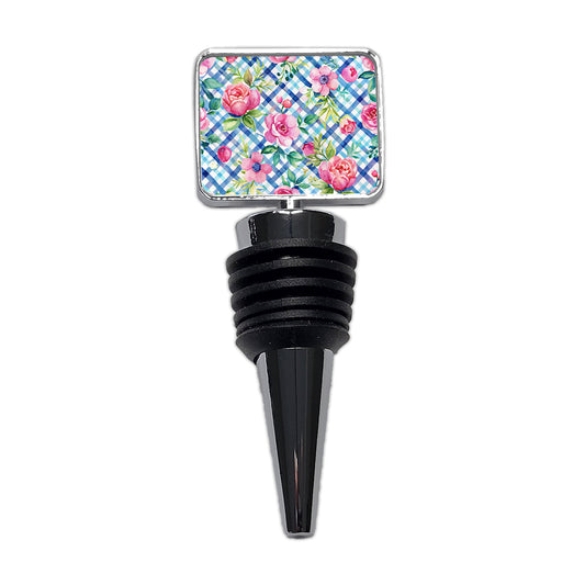 Preppy Pink Flowers Blue Gingham Plaid Wine Bottle Stopper