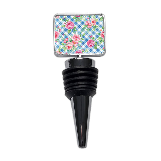 Pretty Pink Flowers Floral Blue Wallpaper Wine Bottle Stopper