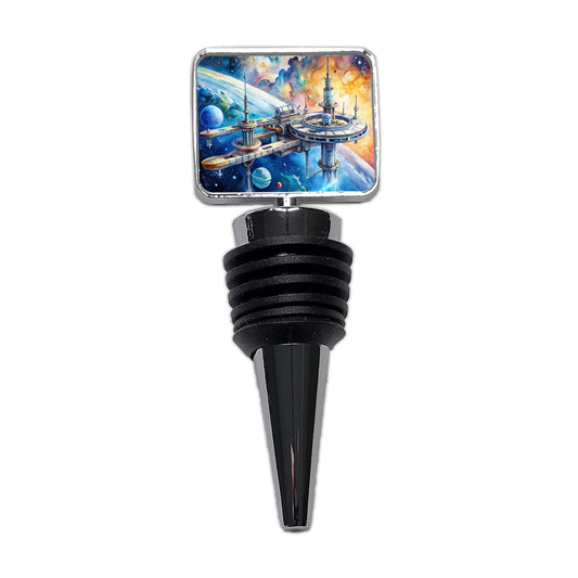 Sci-fi Space Station In Orbit Watercolor Wine Bottle Stopper