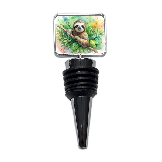 Sloth In A Tree Watercolor Wine Bottle Stopper