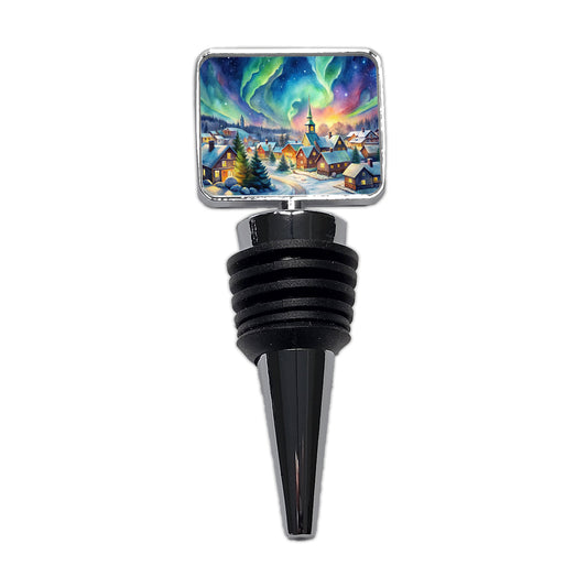 Small Town Northern Lights Watercolor Wine Bottle Stopper